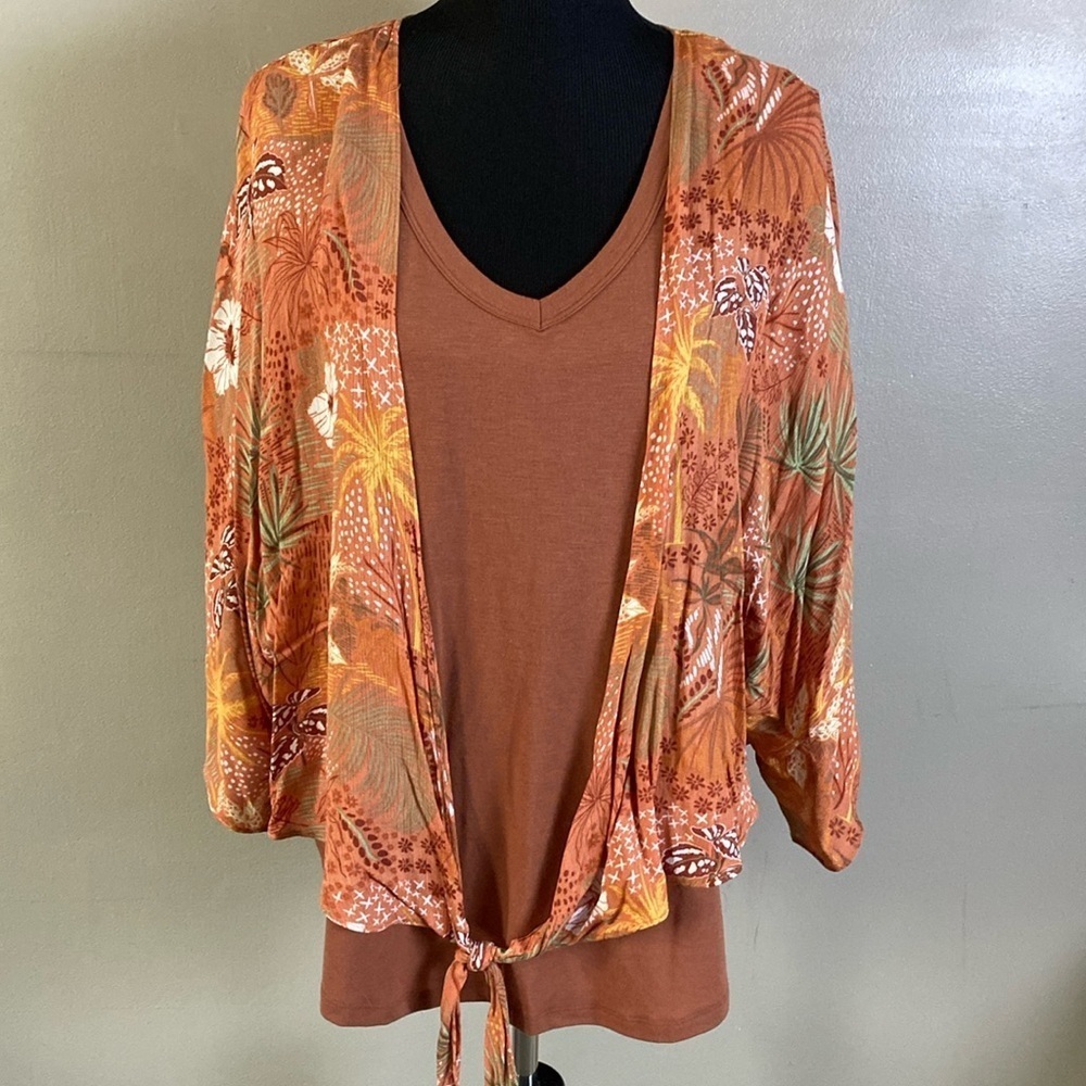 Sonoma Chiffon Tropical Floral Topper Cardigan SO Pumpkin Spice Color V-Neck Tee